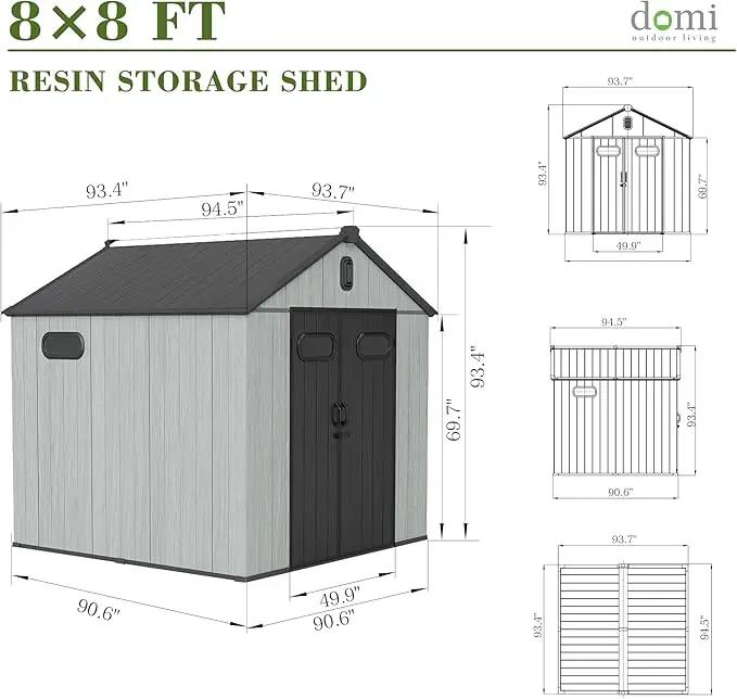 Domi 8x8FT Outdoor Resin Storage Shed with Transparent Windows & Louvered Vents, Plastic Tool Shed with Double Lockable Doors & Gable Roof, Outside Garden Shed for Backyard, Patio, Lawn, Grey by GreenHaven Gardens