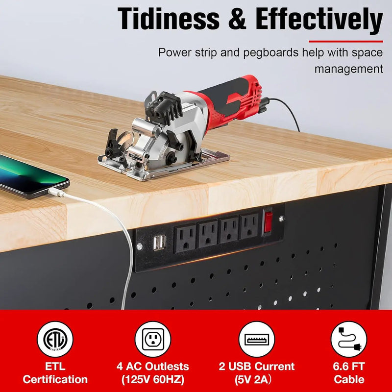 48" Workbench with Drawers, Work Benches for Garage with Strip Light, Adjustable Work Table with Large Pegboard, 2000 LBS Heavy Duty Table with Power Outlet Rubber Wood for Garage, Office by GreenHaven Gardens