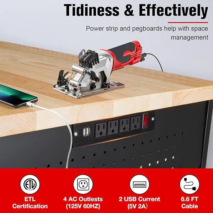60" Workbench with Drawers, Work Benches for Garage with Strip Light, Adjustable Work Table with Large Pegboard, 2000 LBS Heavy Duty Table with Power Outlet Rubber Wood for Garage, Office by GreenHaven Gardens