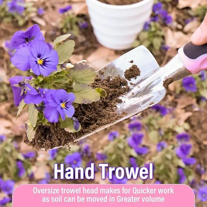Garden Tool Set SOYUS Heavy Duty 3 Piece Gardening Hand Tools Aluminum Garden Shovel for Planting Hand Trowel Cultivator Rake with Ergonomic Non-Slip Rubber Grip Pink Gardening Gifts for Women by GreenHaven Gardens