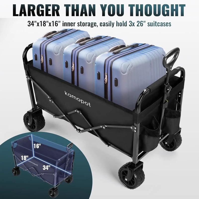 Large Collapsible Wagon Foldable for Beach, Yard, Grocery, Park, 34" x 18" Inner Storage. 300lb Heavy Duty Folding Utility Wagon on Big Wheels for Sand, Durable w/Cupholders by GreenHaven Gardens
