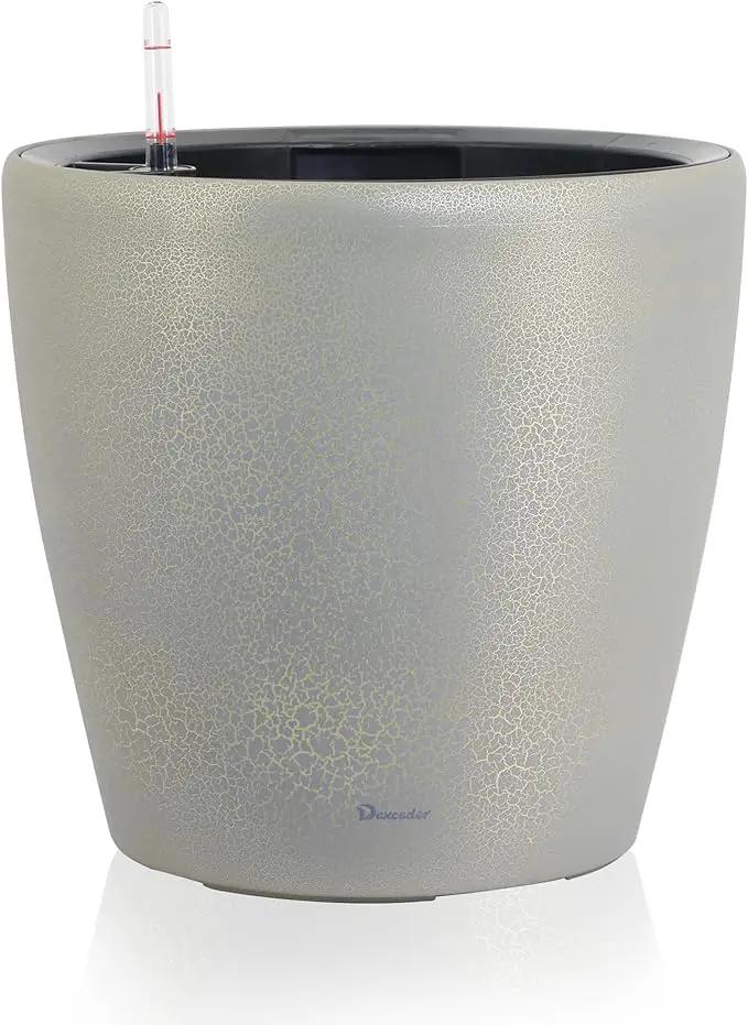 Dexceder 13x12 Self Watering Planter with Wheels Indoor Outdoor, Inner Pot Design, Thickened Large Floor Standing Flower Plant Pot with Water Level Indicator (Grey Gold Crackle) by GreenHaven Gardens