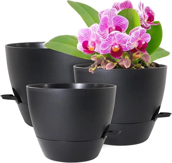 10/9/8 inch Medium Self Watering Pots, Plant Pots with Mesh Drainage Holes for Indoor Outdoor Garden Plants, Flower Pots with Removable Deep Reservoir, Set of 3 Plastic Planters, Black by GreenHaven Gardens