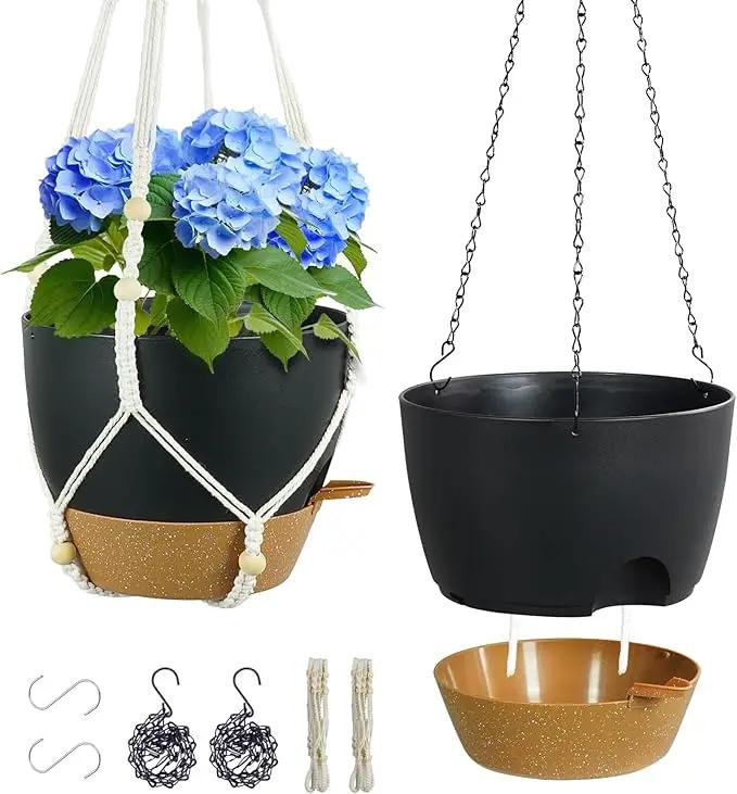 Self Watering Hanging Planters 10 inch, 2 Pack Hanging Flower Pots for Indoor Outdoor Plants, Hanging Baskets with Drainage Holes & 2 Kinds of Plant Hangers for Garden Home Decor, Black Brown by GreenHaven Gardens