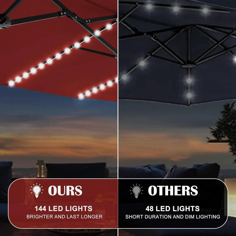 Sundale Outdoor Solar 144 LED 15 ft Patio Umbrella with Sandbag Base Included and Cover, Outdoor Double-Sided Umbrella, Red by GreenHaven Gardens