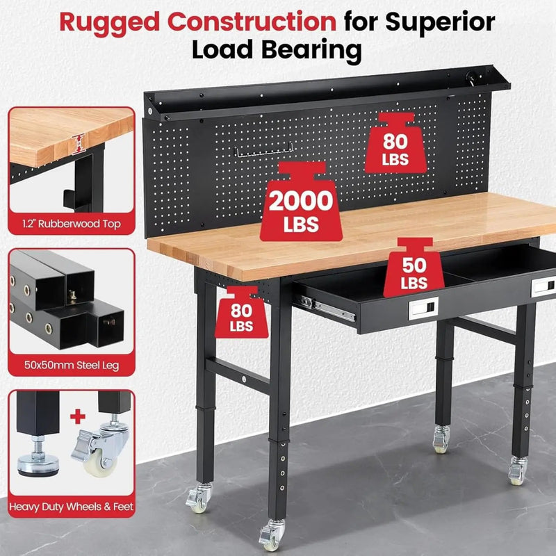 Workbench with Wheels 60 x 22 Inch Adjustable Height Work Table for Garage Heavy Duty Rubberwood Tabletop Work Bench with LED, Drawers, Pegboard, Power Outlets for Office Home Commercial by GreenHaven Gardens