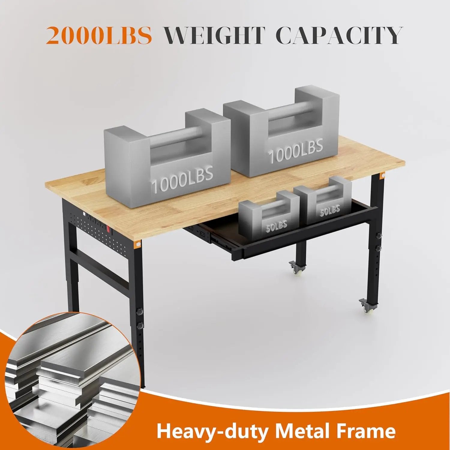 60" Adjustable Workbench on Wheels, 2000 LBS Heavy Duty Work Table with Power Outlets & Pegboard, Rubber Wood Workstation for Garage, Workshop, Office, Home, Commercial by GreenHaven Gardens