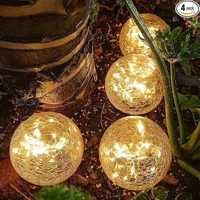 TOMEX 4 Pack Solar Garden Lights, Cracked Glass Ball Waterproof Warm White LED for Outdoor Decor Decorations Pathway Patio Yard Lawn, 4 Pack (4.7") by GreenHaven Gardens