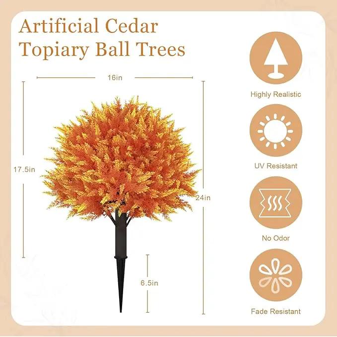 24" Artificial Cedar Topiary Ball Bushes, Set of 2 UV Resistant Fake Trees Outdoor Shrubs with Stake, Weatherproof Faux Plants for Planter, Front Porch, Garden, Yard, Patio Fall Decor by GreenHaven Gardens