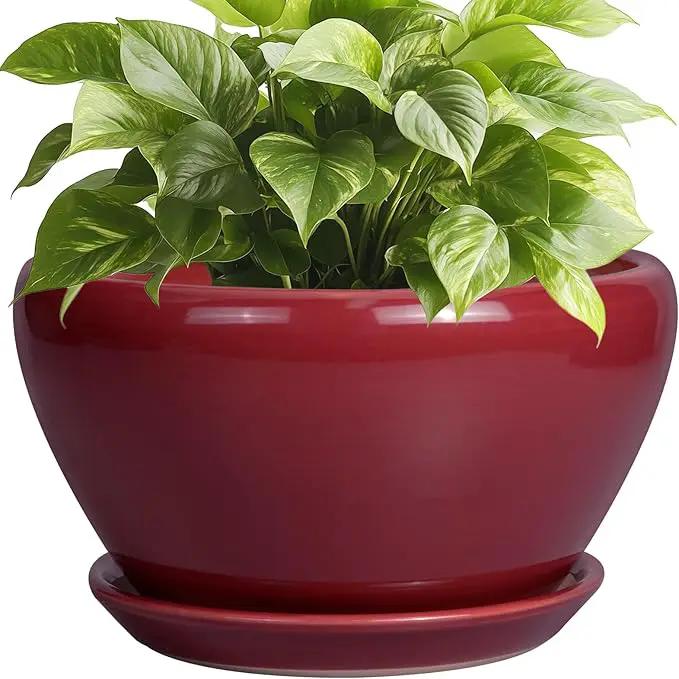 Ceramic Plant Pot 9 Inch - Planter Pot with Drainage Hole and Saucer, Round Large Planter for Indoor Plants, Outdoor Flower Pot for House Patio Decor, Red by GreenHaven Gardens
