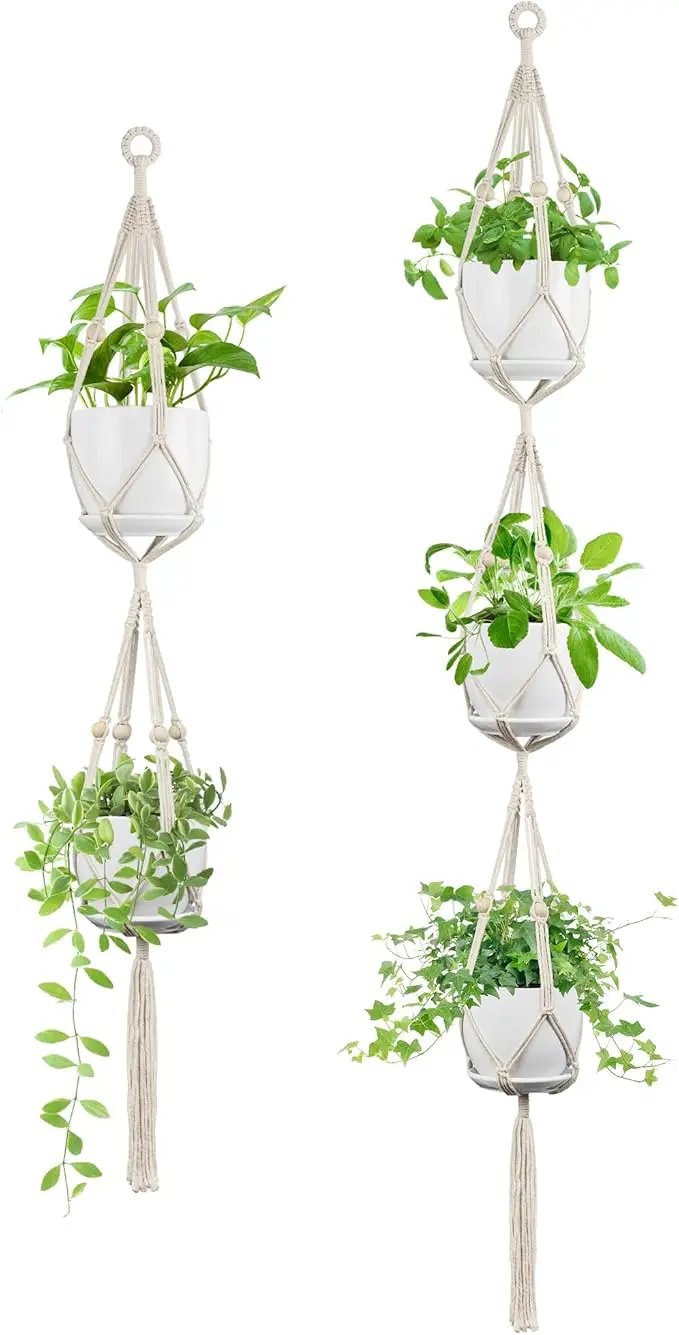 2 Pack Macrame Plant Hanger (49"&72"), Fits 4-8" Pots, 2 Tier+3 Tier Indoor Outdoor Hanging Planter Basket Flower Pot Holder, Boho Home Decor, Ivory (POTS NOT Included) by GreenHaven Gardens