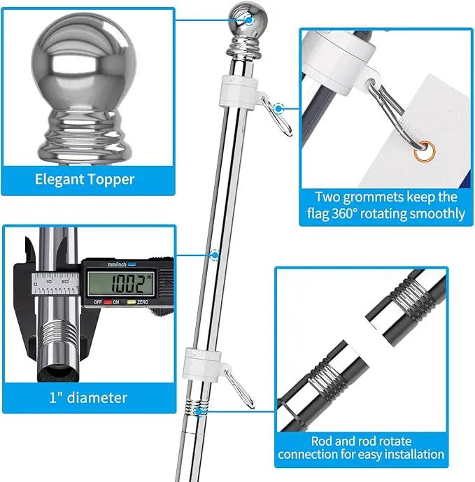ZMTECH Flag Pole with Solar Light - Adjustable Bracket, 6 FT Stainless Steel Flag Poles for Outside House, Garden or Yard, Tangle Free Flagpole Kit for American Flag (Without Flag, Silver) by GreenHaven Gardens