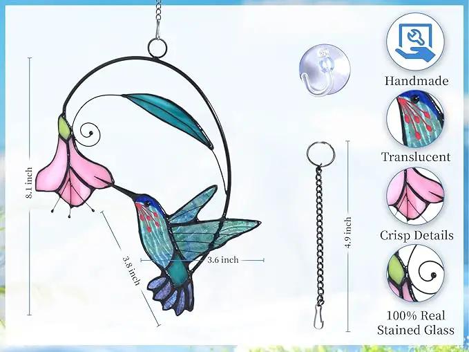 Lolitarcrafts Stained Glass Hummingbird Window Hangings with Flowers, Bird Stained Glass Suncatcher for Window Decor Hummingbird Gifts for Mom,Bird Lovers (Blue with Flower A) by GreenHaven Gardens