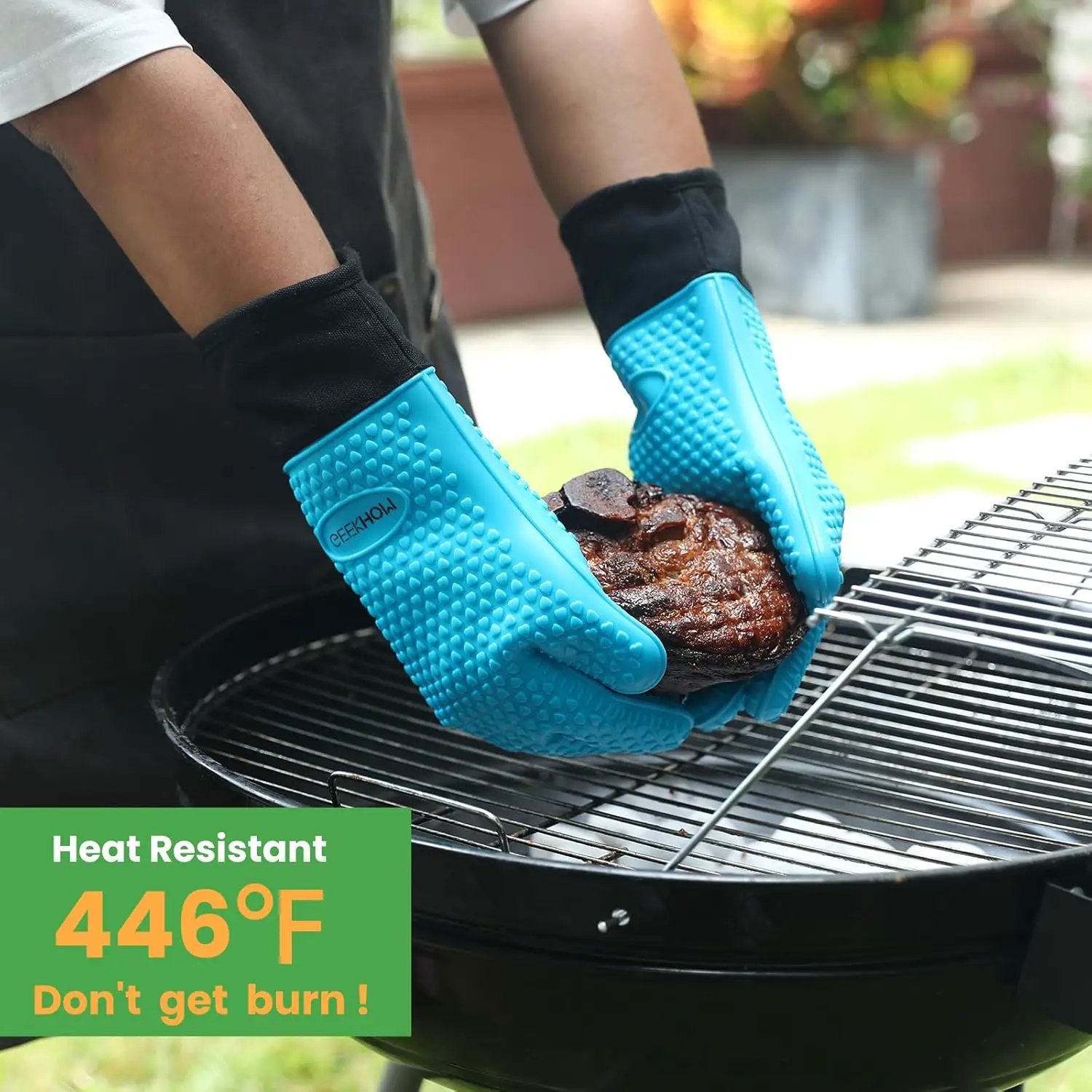 GEEKHOM BBQ Gloves, Grilling Gloves Heat Resistant Oven Gloves, Kitchen Silicone Oven Mitts, Long Waterproof Non-Slip Pot Holder for Barbecue, Cooking, Baking, Aqua Blue by GreenHaven Gardens