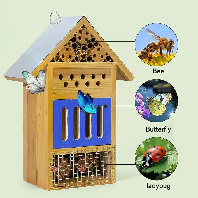 Wooden Butterfly House & Bee House for The Garden, Durable Bug Hotel W/Wooden Stake and Iron Roof, Insect Habitat On The Ground Or Hanging On The Tree, for Butterfly, Bee, Ladybug, Bug by GreenHaven Gardens