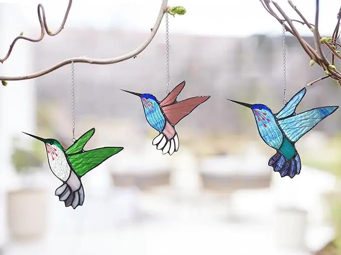 Lolitarcrafts Stained Glass Hummingbird Window Hangings with Flowers, Bird Stained Glass Suncatcher for Window Decor Hummingbird Gifts for Mom,Bird Lovers (Blue B) by GreenHaven Gardens