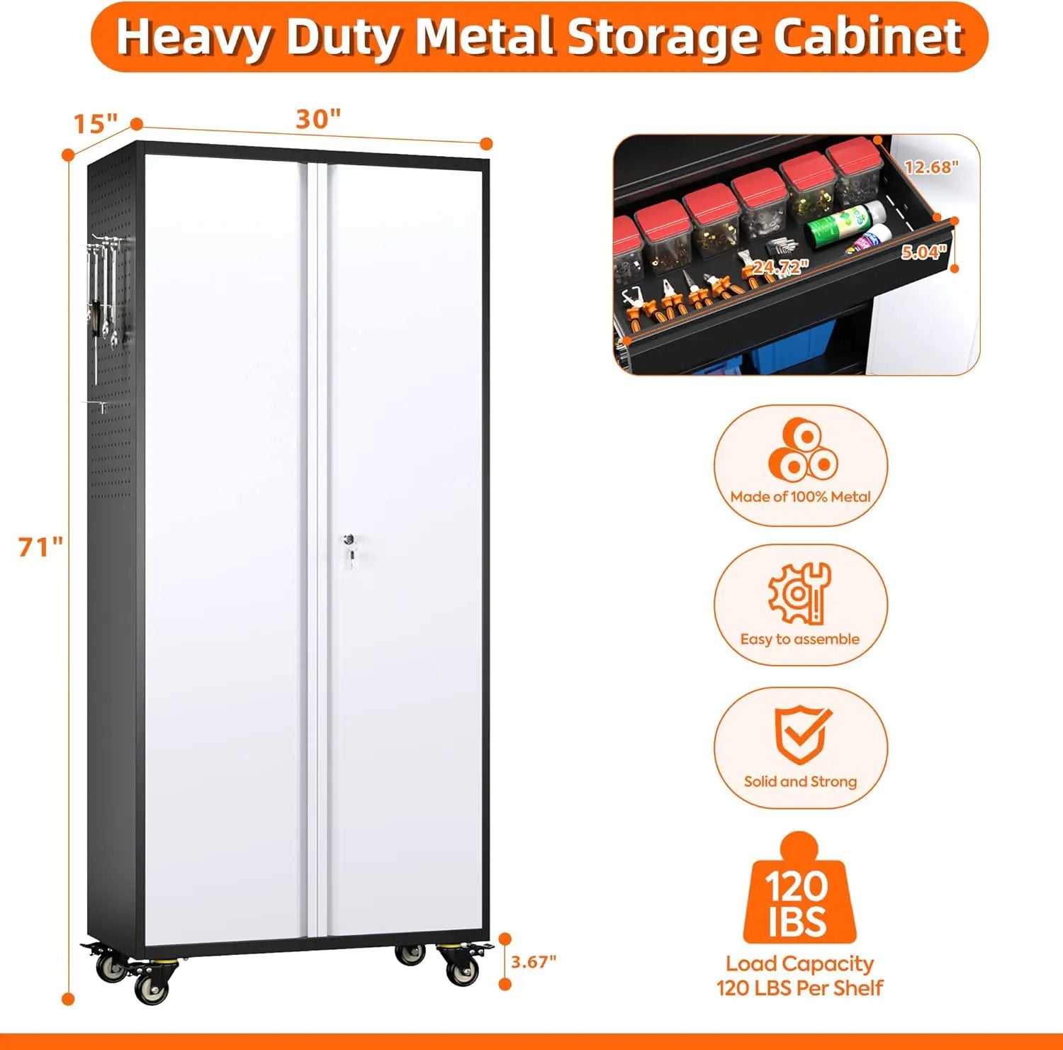 Aobabo Metal Storage Cabinet with Wheels and 1 Interior Drawer, Steel Rolling Tool Cabinet with 16 Hooks and 2 Adjustable Shelves for Garage, Home, Office, Kitchen, Black Gray, Assembly Required by GreenHaven Gardens
