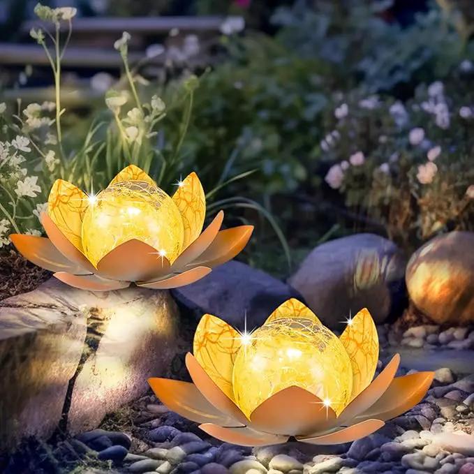 Huaxu Solar Lights Outdoor Garden Decoration Crackle Globe Glass Waterproof LED Metal Peach Lotus Flowers Gift for Mom,Women,Patio,Lawn,Walkway,Tabletop,Ground by GreenHaven Gardens