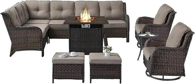 Outdoor Sectional Furniture Sofa Set with Propane Fire Pit Table, Wicker Patio Conversation Set with 2 Swivel Rocker Glider Chairs Grey Cushion Perfect for Backyard Casual Gathering by GreenHaven Gardens