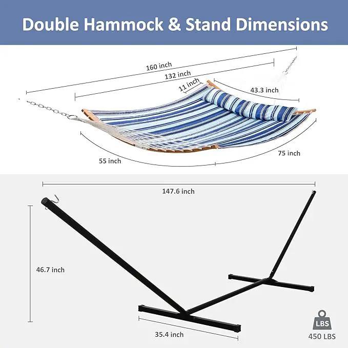 SUNCREAT Double Hammock with Stand Included, Portable Hammock with Stand and Large Pillow, Blue Stripes by GreenHaven Gardens