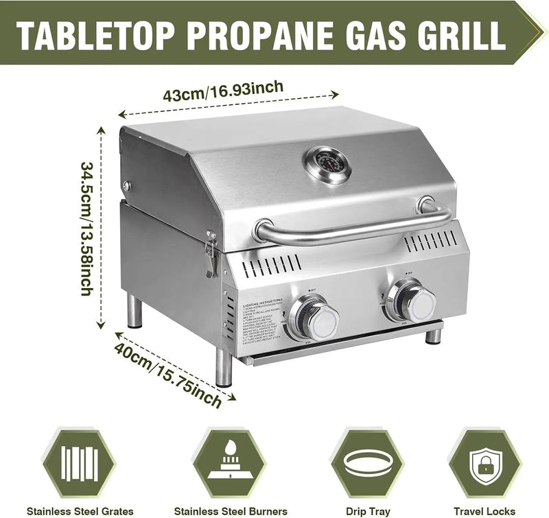 Bestfire Tabletop Gas Grill 2 Burners, 20,000 BTUs Stainless Steel Portable Propane Grill with Legs for Outdoor Patio Backyard Camping, Tailgating, and RV Trips by GreenHaven Gardens
