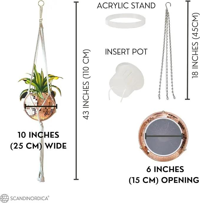 SCANDINORDICA Disco Ball Planter – Value Package: Mirror Disco Planter with Chain, Macrame Hanger and Acrylic Stand for Desk, Self Watering Insert, Plant Lover Gifts | 10 inch Rose Gold by GreenHaven Gardens