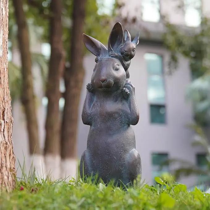 Rabbit Garden Statues Bunny Decorations - Easter Bunny Father with Baby Figurine Easter Gift Dark Gray Garden Spring Bunny Sulpture for Yard Framhouse Outdoor Décor 7*5.25*15.25 in Newman House Studio by GreenHaven Gardens