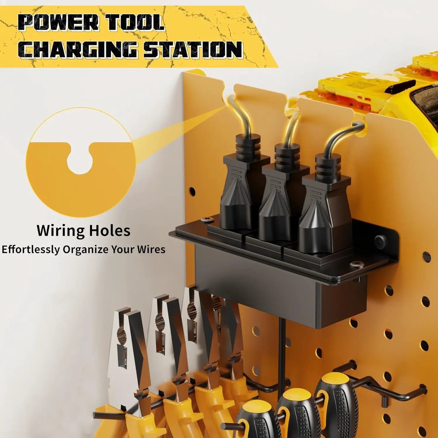 Power Tool Organizer with Charging Station Wall Mount, 3 Layer Expanded Heavy Duty Garage Organization, 45.5 Inch Length Garage Tool Storage, 8 Drills, 2 Assemble Method, Yellow by GreenHaven Gardens