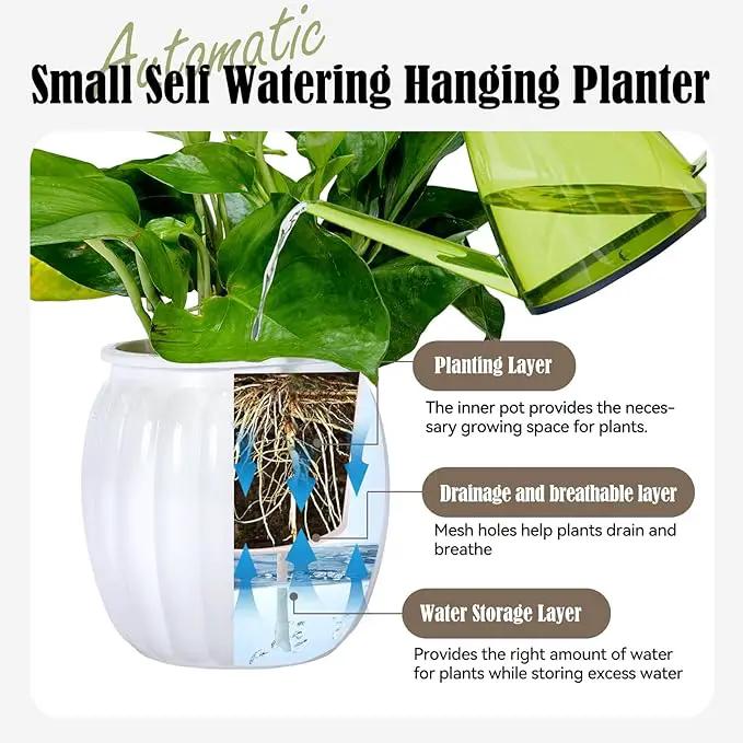 Small Hanging Planters Self Watering 5 Inch, 3 Set Hanging Plant Pot for Indoor Outdoor Plants, Hanging Flower Pots with Drainage Hole & 2 Kinds of Plant Hangers for Garden Home Decor by GreenHaven Gardens