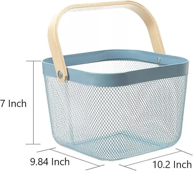Metal Mesh Steel Basket, Storage Organizer Basket Multi-functional Hanging Kitchen Baskets Fruit Basket Bin with Bamboo Handle for Kitchen Bathroom Picnic Shopping Decor Cabinet Home, Blue by GreenHaven Gardens