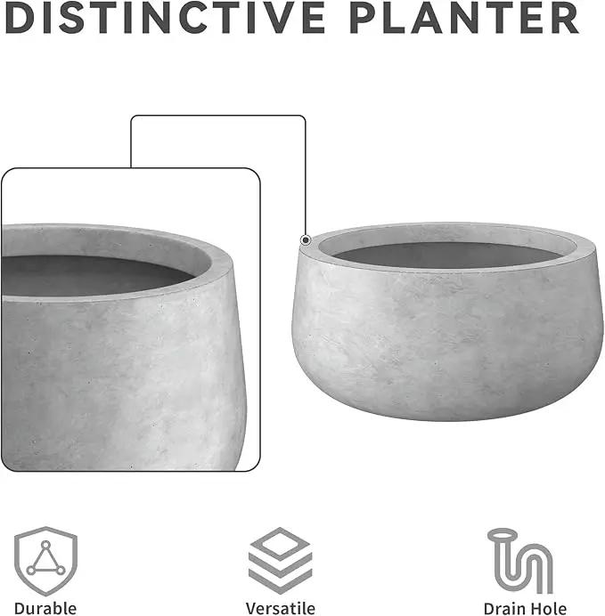 Kante 15.7" Dia Round Concrete Planter, Outdoor Indoor Garden Plant Pots with Drainage Hole and Rubber Plug, Modern Curvaceous Design, Natural Concrete by GreenHaven Gardens