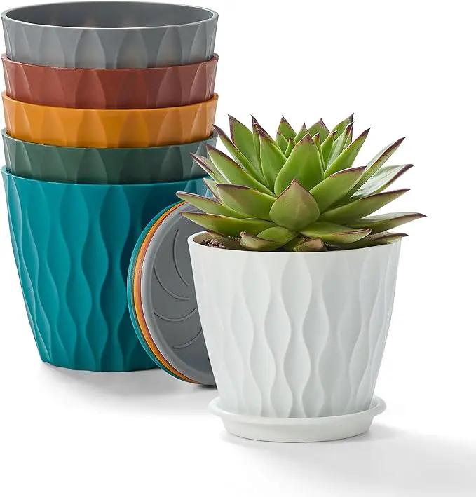 FaithLand 6-Pack 6-Inch Plastic Plant Pots with Saucers | Thickened PP Material, Modern Wave Texture, Enhanced Drainage for Indoor/Outdoor Garden Plants | Multicolor Value Set by GreenHaven Gardens