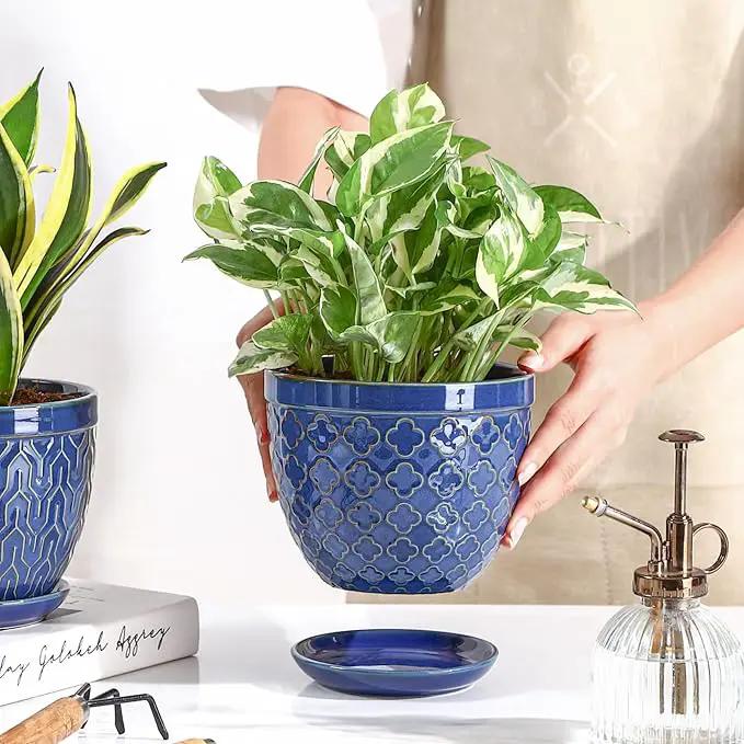 Sureasy Ceramic Indoor Plant Pots - 5.6 Inch Flower Pots for Plants with Drainage Hole and Saucer, Embossed Planter for Succulents, Orchid, Cactus, Indoor Home Decor, Set of 4, Blue by GreenHaven Gardens