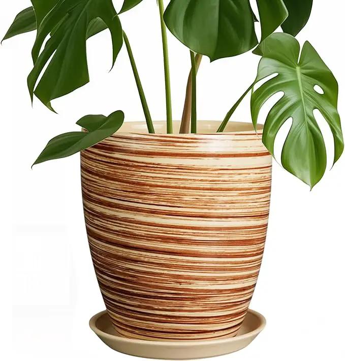 8 Inch Plant Pot, Ceramic Planter with Drainage Hole and Saucer Large Flower Pot for Home Patio Garden Office, Yellow by GreenHaven Gardens