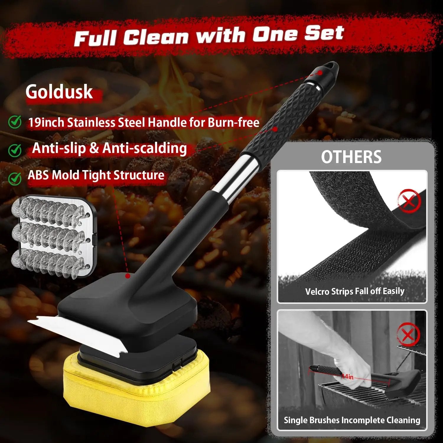 Grill Brush, Full Clean with One Set- Goldusk 19" Safe Replaceable Stainless Steel Grill Brush + Scraper + Bristle Free Steam Grill Brush for Outdoor Grill Accessories BBQ Brush Barbecue Gifts for Men by GreenHaven Gardens