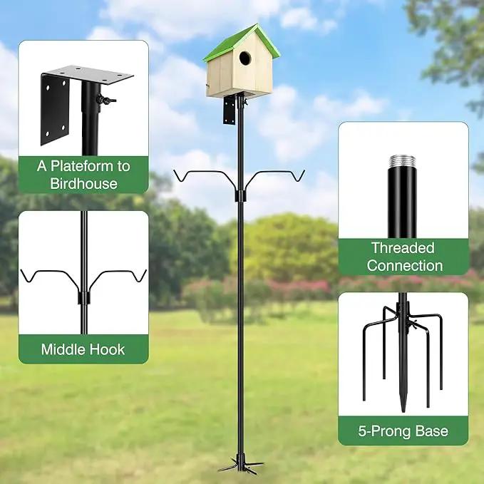 Bird Feeder Pole, 79 Inch Heavy Duty Bird House Pole Mount Kit for Outdoors, Adjustable Metal Bird Feeding Stand, with 2-Hooks, 5-Prong Base for Hanging Feeders, Black by GreenHaven Gardens