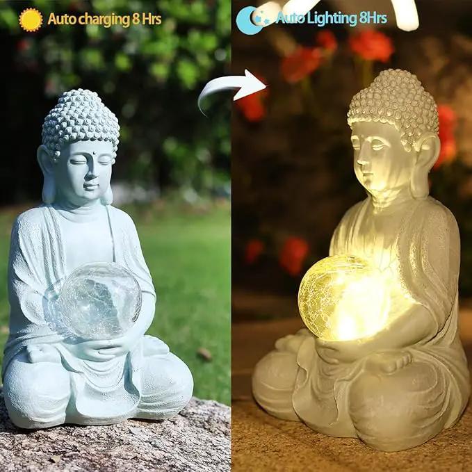 Buddha Garden Statue with Solar Light, Solar Meditating Garden Buddha with Cracked Glass Ball Sculpture-Indoor/Outdoor Decor for Balcony,Garden,Patio,Porch Yard Art Ornament,Gift by GreenHaven Gardens