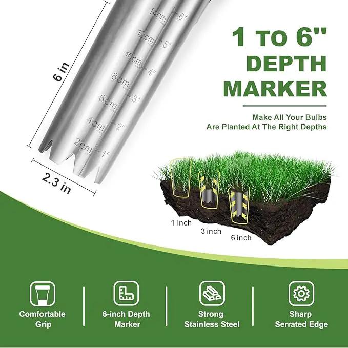 Haliaeetus Bulb Planter Tool, 6 inches Depth Mark Hand Bulb Planter, Non-Bending Stainless Steel Bulb Planter Digger, Garden Bulb Transplanter with Comfortable Wood Handle for Planting Tulip, Daffodil by GreenHaven Gardens