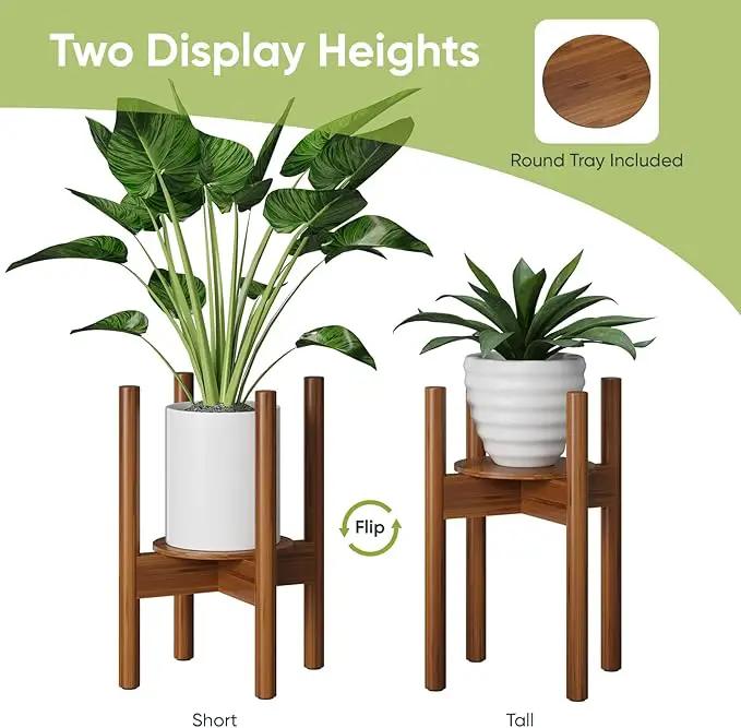 Adjustable Plant Stand, Bamboo Plant Stand Indoor with Tray, Wood Plant Stand for 8 to 12 inches Flower Pots, Single Mid Century Modern Plant Stand for Indoor Plants, Walnut by GreenHaven Gardens