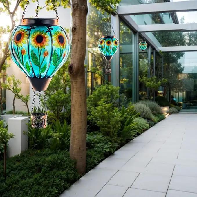 Starsoul Sunflower Hot Air Balloon Solar Lantern - Glass Outdoor Flickering Flame Light, Waterproof Hanging Lamp for Garden, Patio, Yard, Party Decor by GreenHaven Gardens