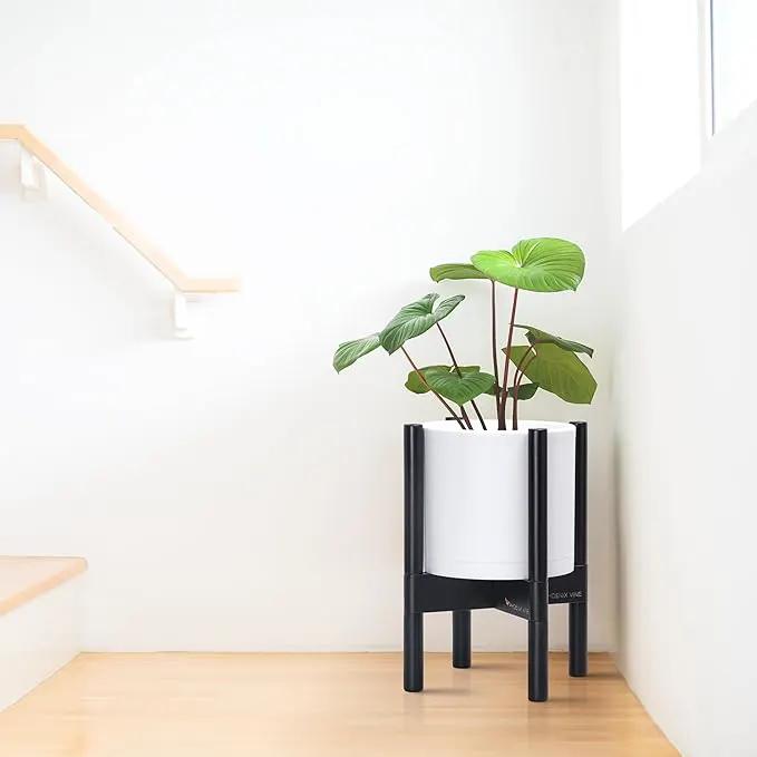 D'vine Dev Planter Pot with Stand - 8 Inch Plastic Cylinder Flower Pot with Wood Planter Holder for Indoor, Matte White Pot + Ebony Stand, 55-C-K-1 by GreenHaven Gardens
