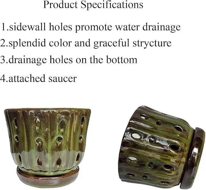 Ceramic Orchid Pots with Attached Saucer and Drainage Hole 6'' Orchid Planter (mossgreen) by GreenHaven Gardens