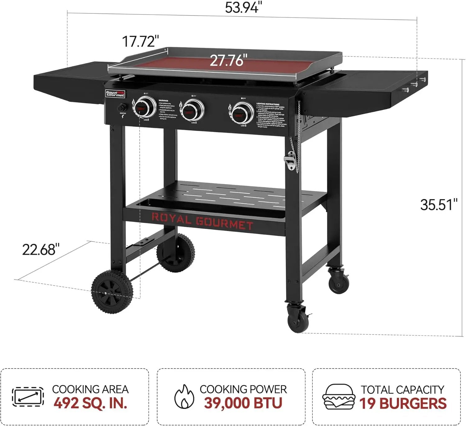 Royal Gourmet GB3000H 3 Burner Propane Gas Griddle with Foldable Side Tables, 28-Inch Flat Top Grill with 492 Sq. In. Cooking Area for Backyard and Tailgating, Black by GreenHaven Gardens