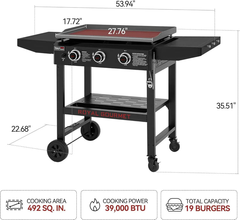 Royal Gourmet GB3000H 3 Burner Propane Gas Griddle with Foldable Side Tables, 28-Inch Flat Top Grill with 492 Sq. In. Cooking Area for Backyard and Tailgating, Black by GreenHaven Gardens