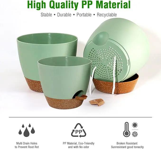 10/9/8 inch Self Watering Pots, Set of 3 Plastic Planters with Mesh Drainage Holes and Deep Reservoir for Indoor Outdoor Garden Plants and Flowers, Green with Brown by GreenHaven Gardens