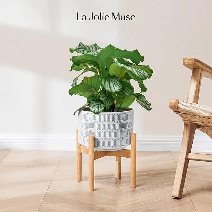 LA JOLIE MUSE Ceramic Plant Pot with Wood Stand - 9.4 Inch Modern Round Decorative Flower Pot Indoor with Wood Planter Holder, Slate Blue and White by GreenHaven Gardens
