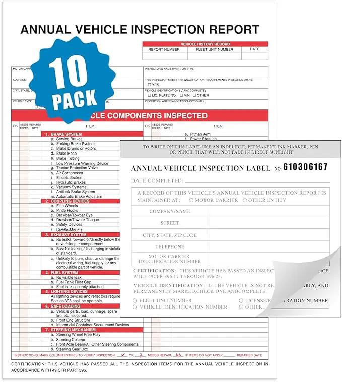 Goldenfox DOT Inspection Forms and Stickers. 10-Pack,3-Ply Carbonless Annual Vehicle Inspection Report Form(8.5" x 11.75") with 2-Ply Vinyl White Interior Inspection Label(5"x4") by GreenHaven Gardens