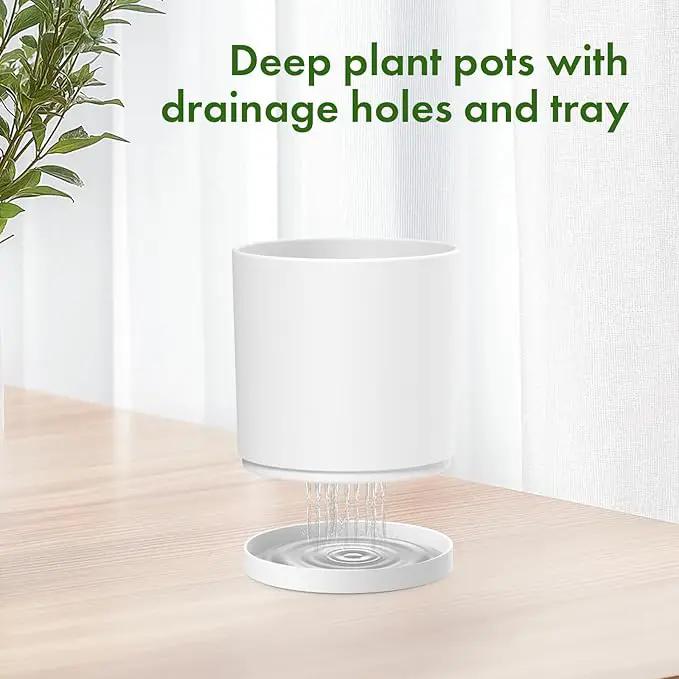 8/7/6 inch Plant Pots, Set of 3 Cylinder Flower Pots for Outdoor Indoor Plants, Decorative Plastic Planters with Drainage Holes and Saucers for Garden House Plants, White by GreenHaven Gardens