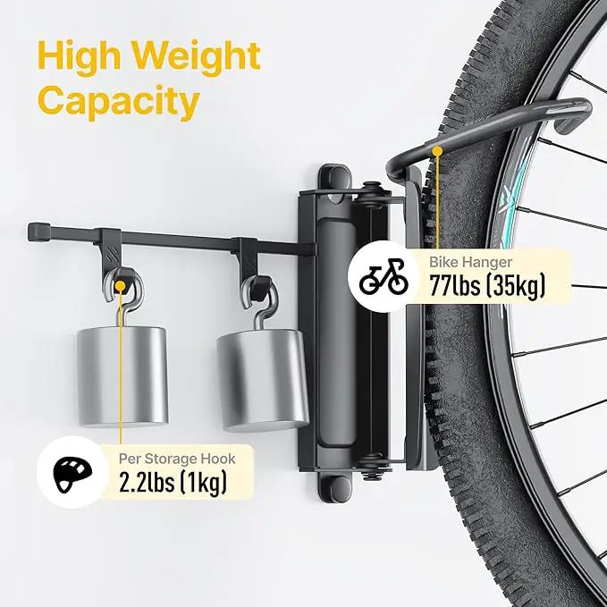 monTEK Swivel Bike Wall Mount, Bike Hangers for Garage, Bike Wall Mount with Two Extra Storage Hooks, Bike Hanger Wall Mount for Space Saving, Bike Rack Garage Holds Up to 77 lbs by GreenHaven Gardens