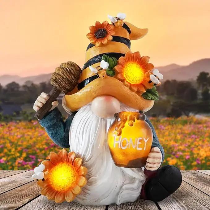 Hodao Spring Resin Garden Bumble Bee Themed Gnome Decorations-Solar-Powered Radiance-Honey Gnomes World Day Gifts Summer Lawn Garden Porch Sculptures & Statues Decorations by GreenHaven Gardens